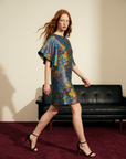 Carmela Flutter Sleeves Dress - Jacquard Blue / Black & White