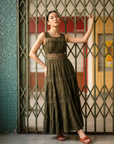 Colonial Cotton Voile Dress - White / Olive Green