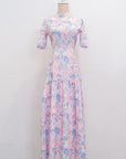 Gigi Pleated Maxi Cheongsam - Pastel Romance / Cobalt Blooms