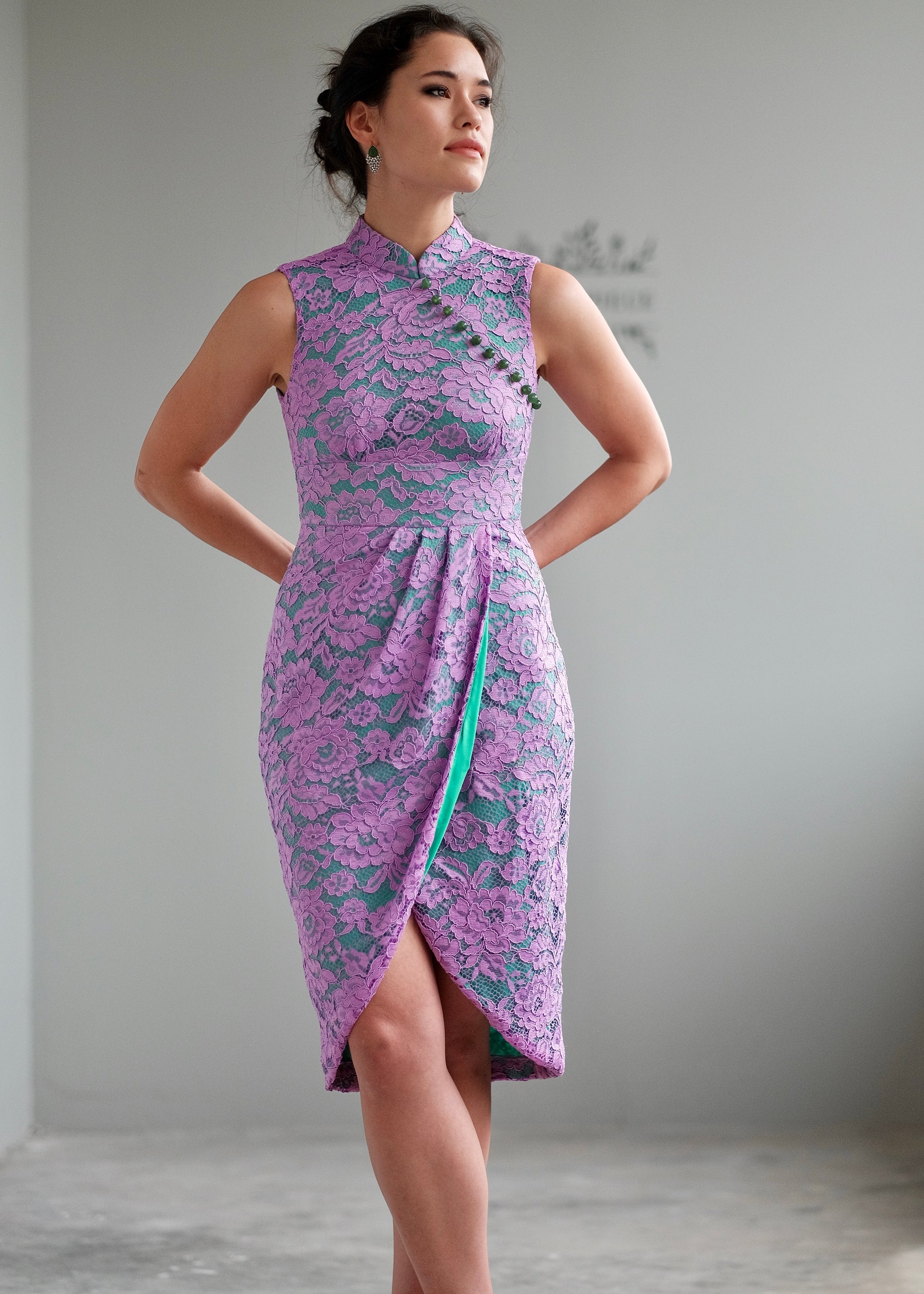 Signature Lace Cheongsam (Knee Length) - Lilac