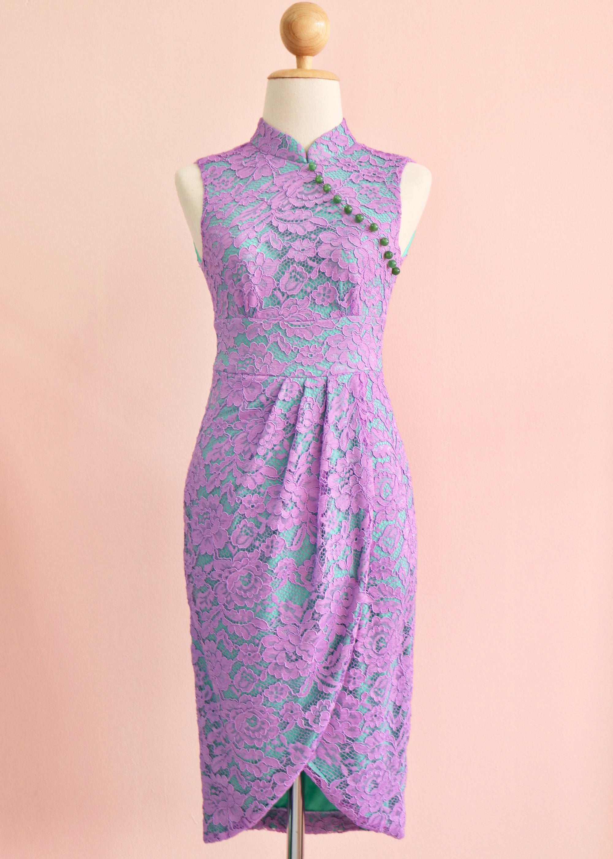 Signature Lace Cheongsam (Knee Length) - Lilac