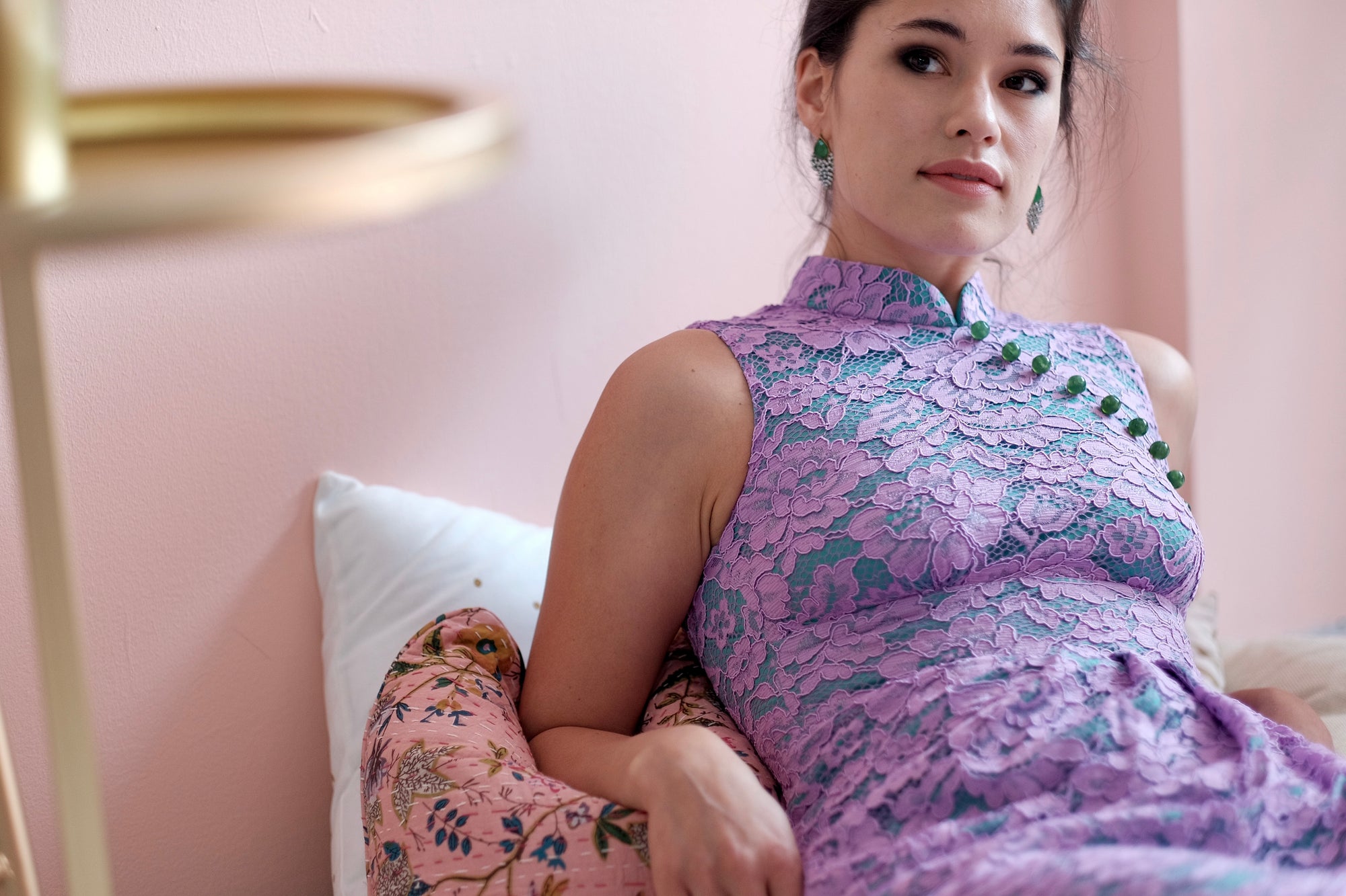 Signature Lace Cheongsam (Knee Length) - Lilac