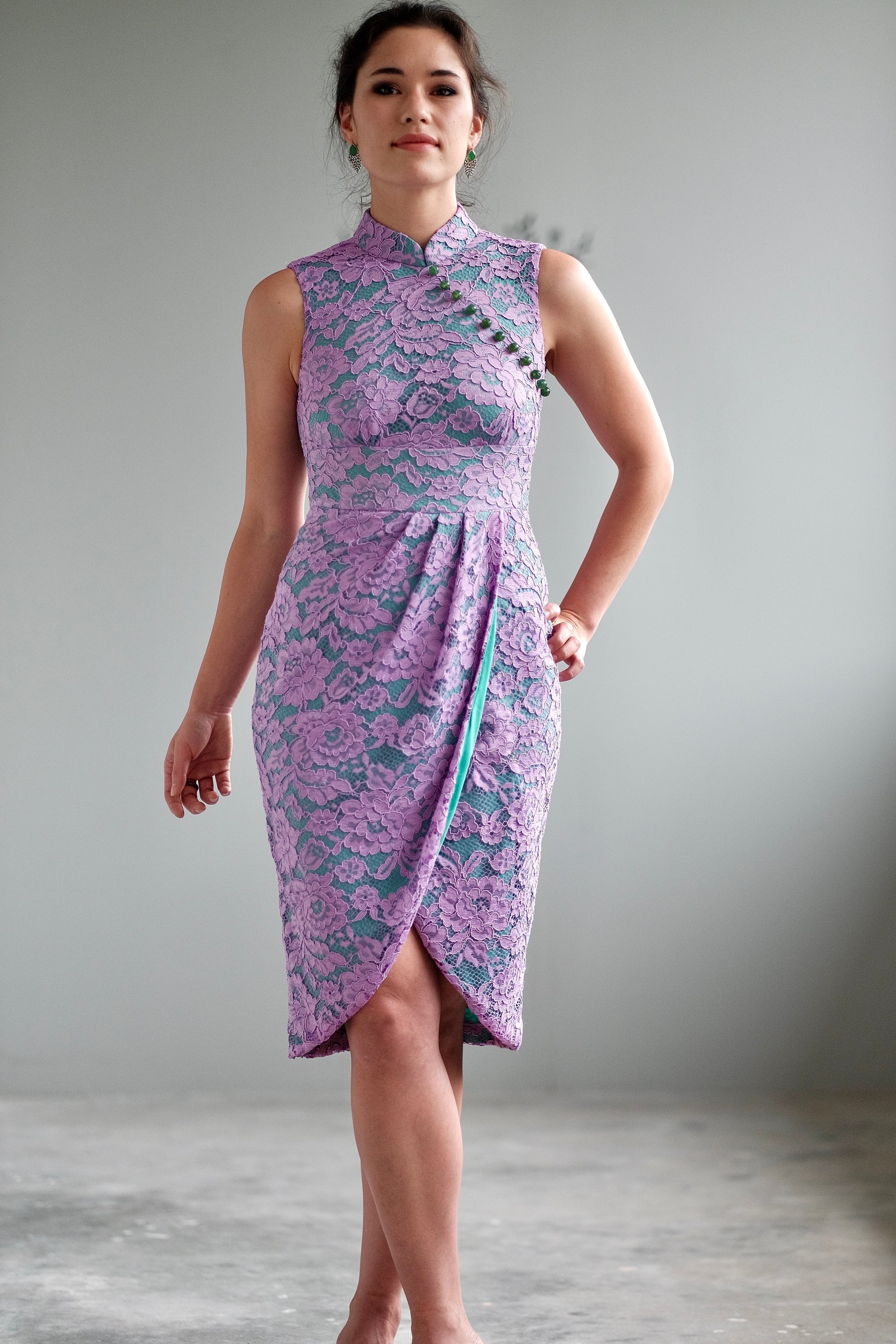 Signature Lace Cheongsam (Knee Length) - Lilac