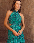 Giselle Pleated Halter Cheongsam - Jade Paisley / Ocean Blue