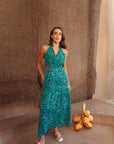 Giselle Pleated Halter Cheongsam - Jade Paisley / Ocean Blue