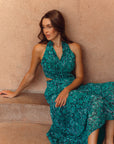 Giselle Pleated Halter Cheongsam - Jade Paisley / Ocean Blue