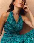 Giselle Pleated Halter Cheongsam - Jade Paisley / Ocean Blue