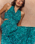 Giselle Pleated Halter Cheongsam - Jade Paisley / Ocean Blue