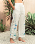 Cross Stitch Linen Pants - Blue / Multi-colour