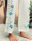 Cross Stitch Linen Pants - Blue / Multi-colour