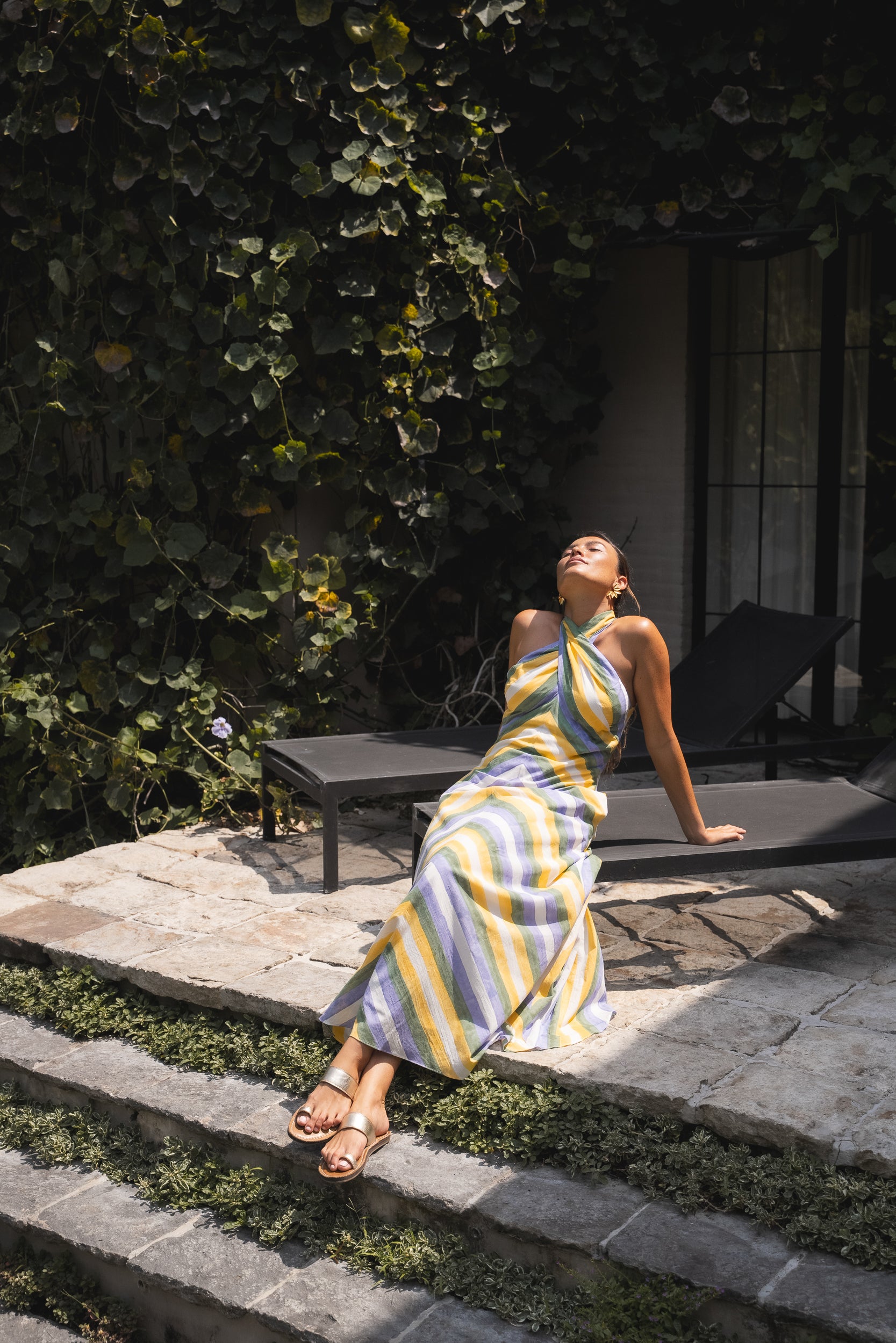 Rhea Halter Maxi Dress - Green-Yellow Paint Strokes / Pink-Yellow Paint Strokes