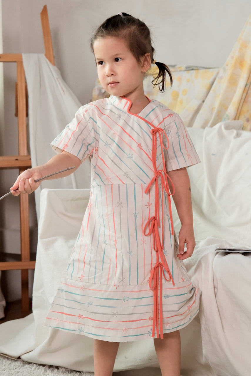 Lil' Theia Tie Shift Cheongsam - Ribbons / Green & Pink Toile