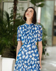 Gigi Pleated Maxi Cheongsam - Pastel Romance / Cobalt Blooms