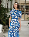 Gigi Pleated Maxi Cheongsam - Pastel Romance / Cobalt Blooms