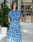 Gigi Pleated Maxi Cheongsam - Pastel Romance / Cobalt Blooms