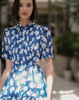Gigi Pleated Maxi Cheongsam - Pastel Romance / Cobalt Blooms