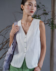 Hisa Pleated Cotton Vest - White / Black / Teal