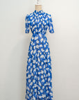 Gigi Pleated Maxi Cheongsam - Pastel Romance / Cobalt Blooms