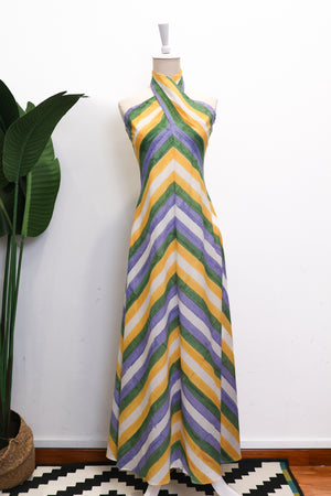 Rhea Halter Maxi Dress - Green-Yellow Paint Strokes / Pink-Yellow Paint Strokes