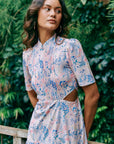 Gigi Pleated Maxi Cheongsam - Pastel Romance / Cobalt Blooms