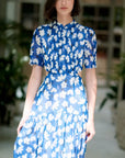 Gigi Pleated Maxi Cheongsam - Pastel Romance / Cobalt Blooms