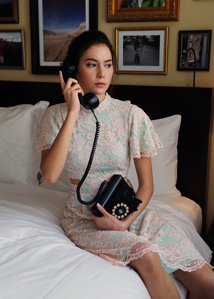 Signature Lace Cut-Out Cheongsam with Sleeves - Navy / Peach (Pre-order)