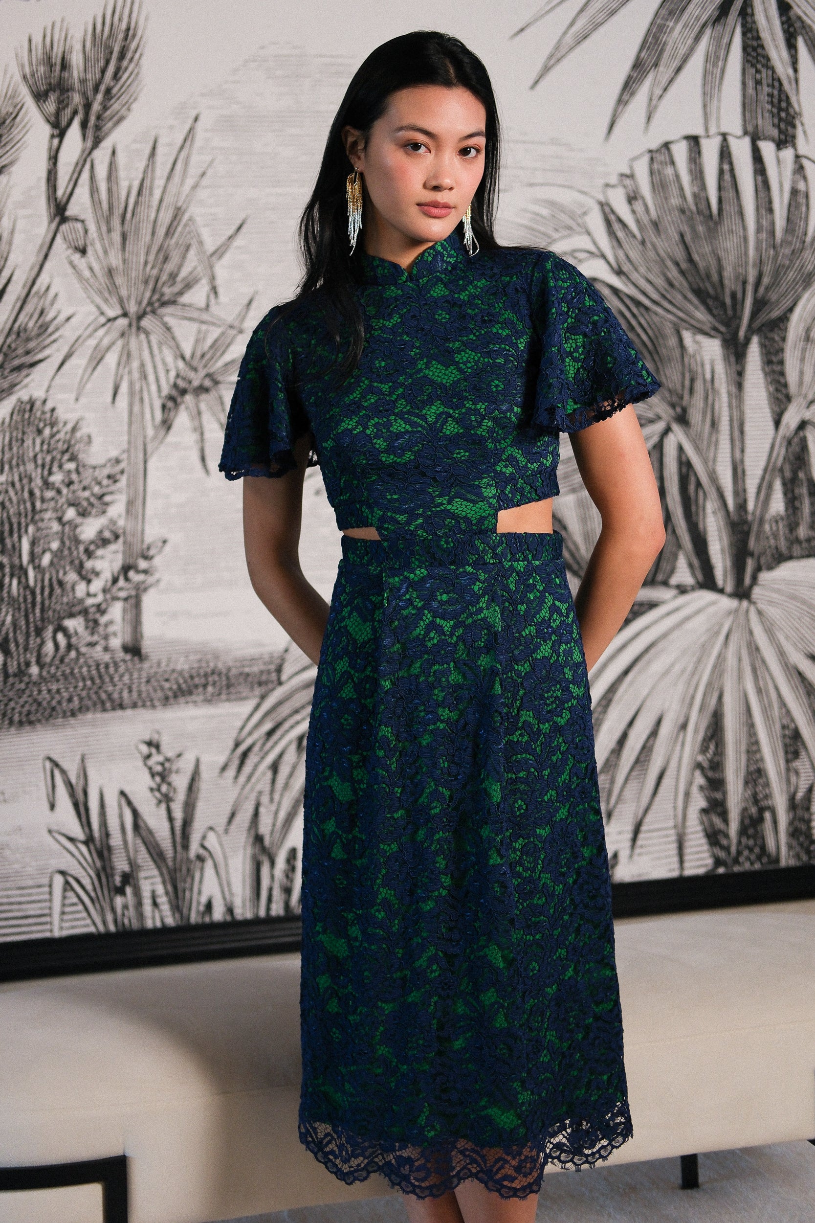 Signature Lace Cut-Out Cheongsam with Sleeves - Navy / Peach (Pre-order)