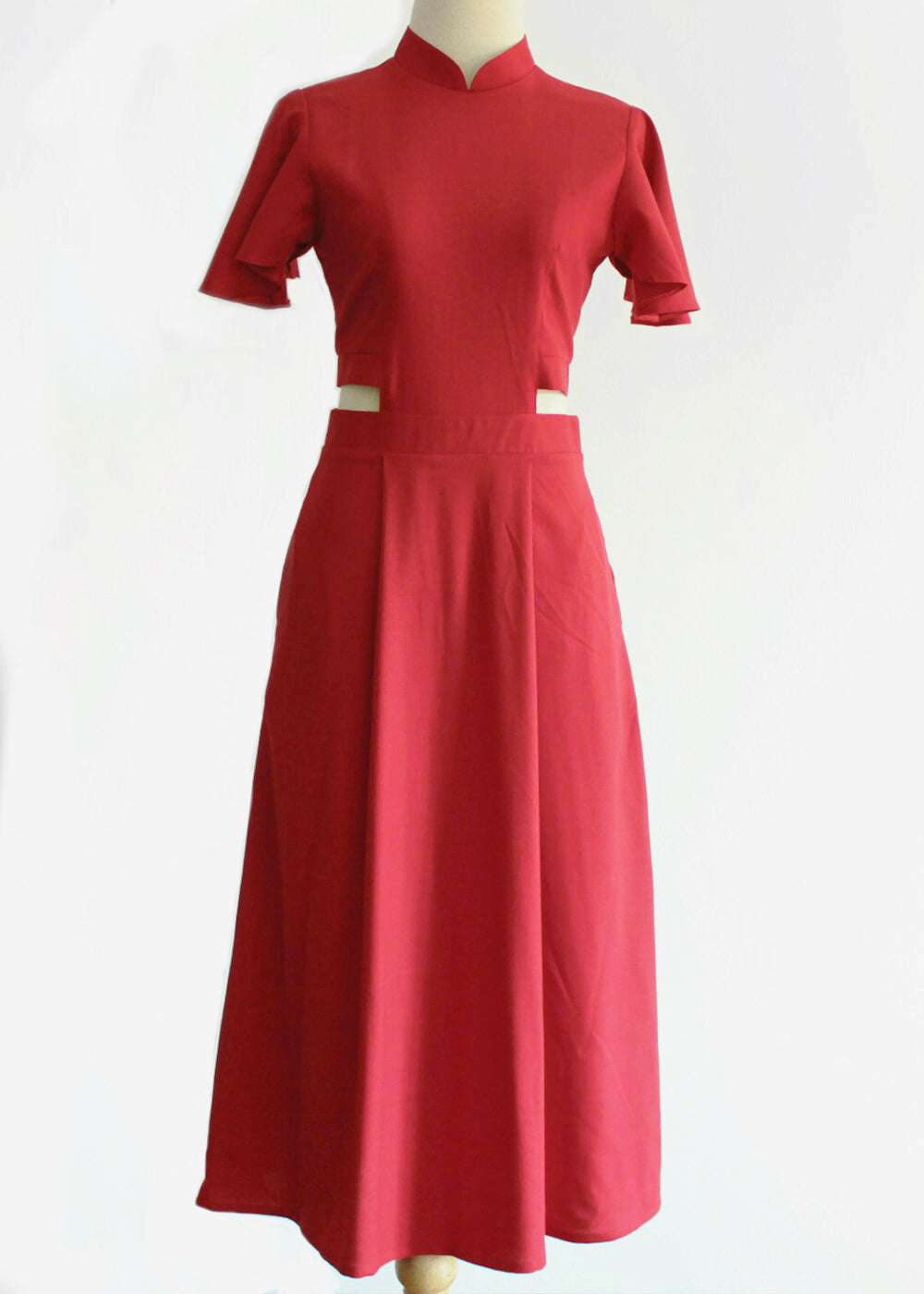 Signature Cut-Out Cheongsam with Sleeves - Red ( Pre-order )
