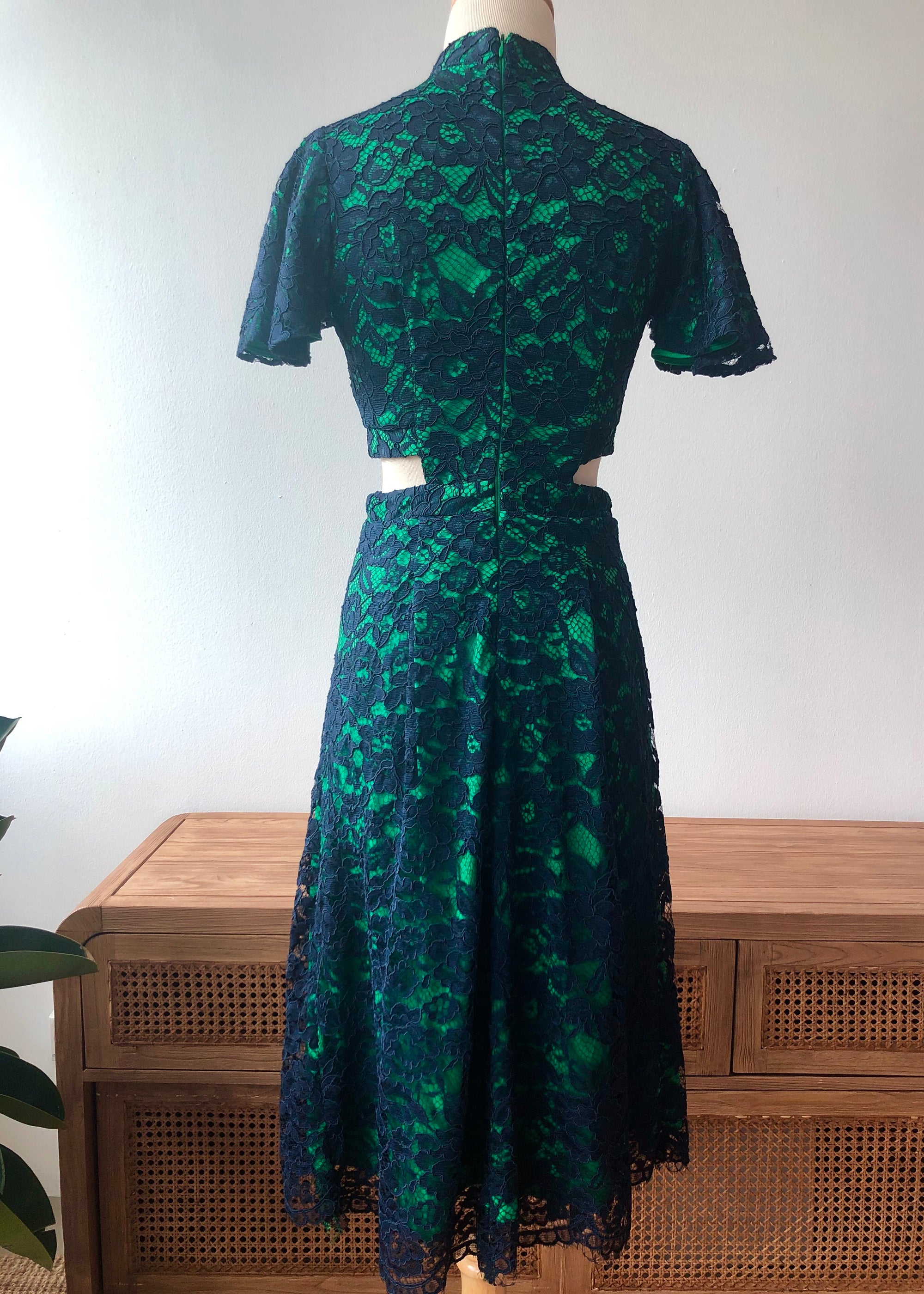Signature Lace Cut-Out Cheongsam with Sleeves - Navy / Peach (Pre-order)