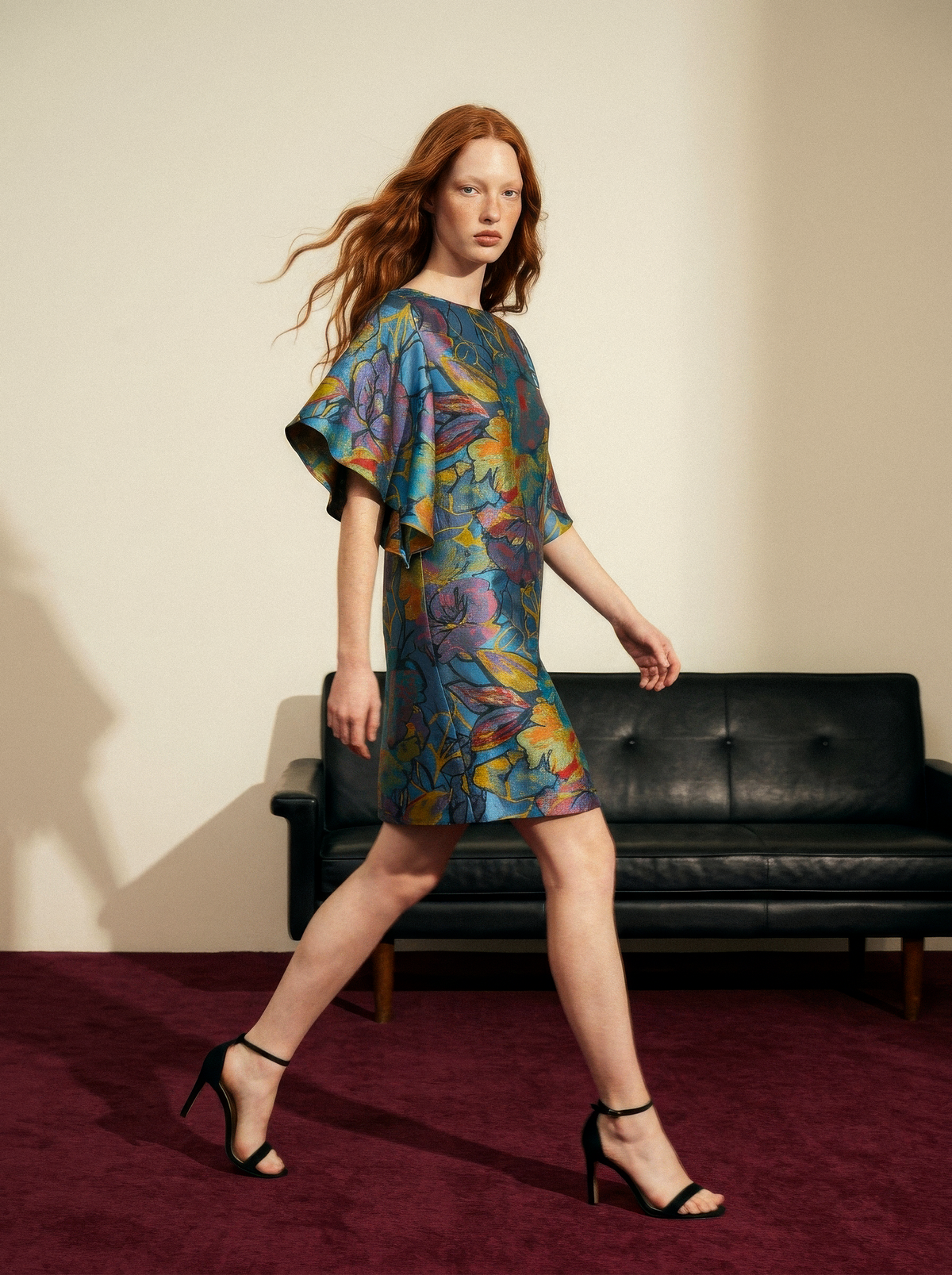Carmela Flutter Sleeves Dress - Jacquard Blue / Black &amp; White
