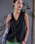 Hisa Pleated Cotton Vest - White / Black / Teal
