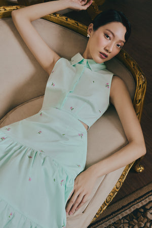 Elora Convertible Cut-Out Shirt Dress - Mint Daisy / Emerald