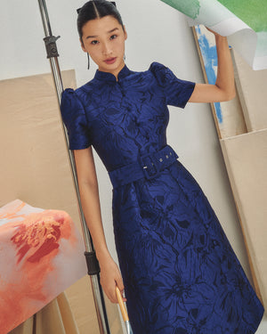 Sapphire Jacquard Belted Cheongsam (BACKORDER)