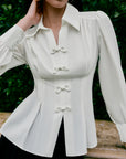 Grace Kelly Chiffon Shirt - White / Olive Green