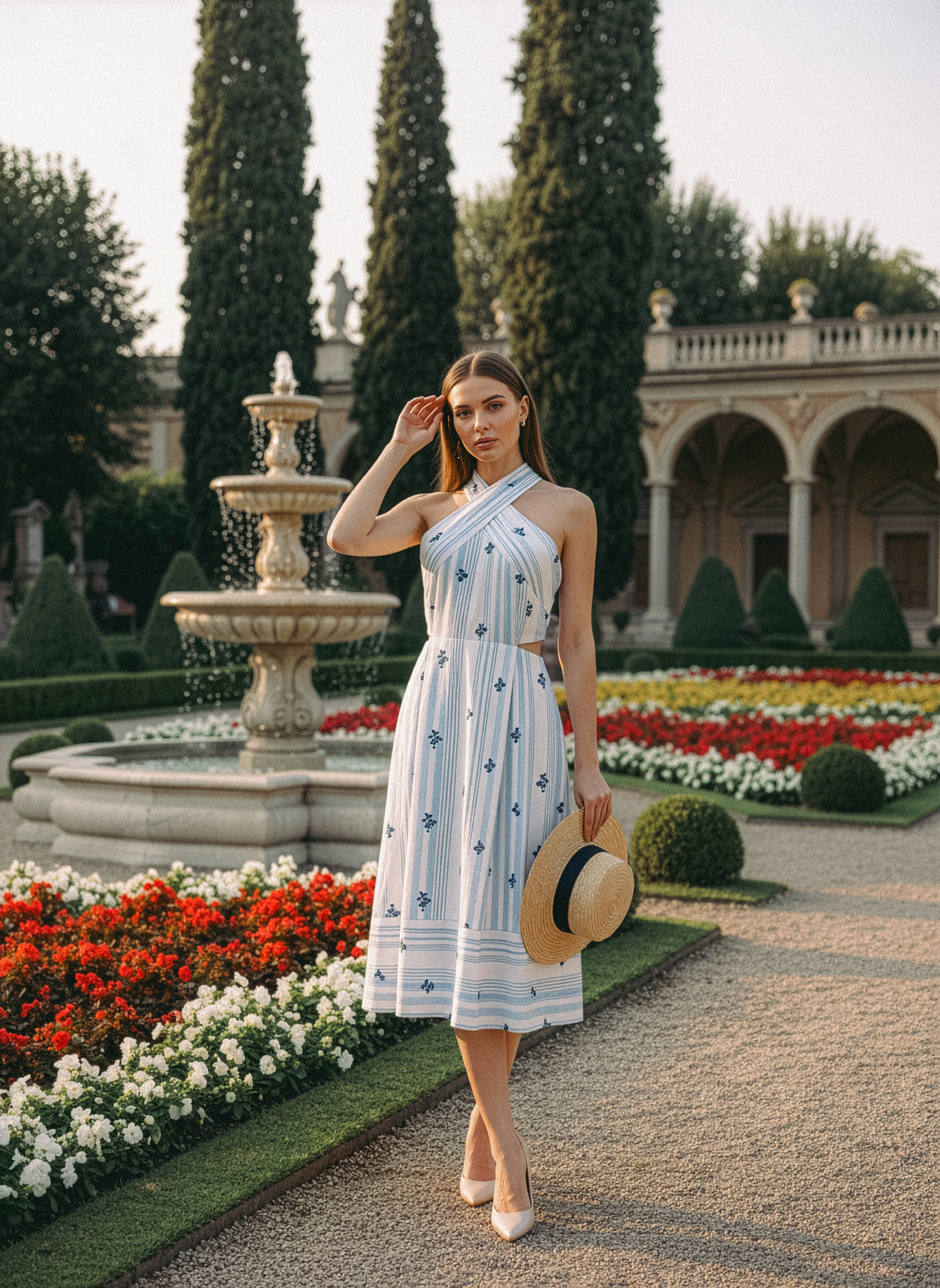 Rhea Convertible Dress - Striped Bloom - Red / Blue