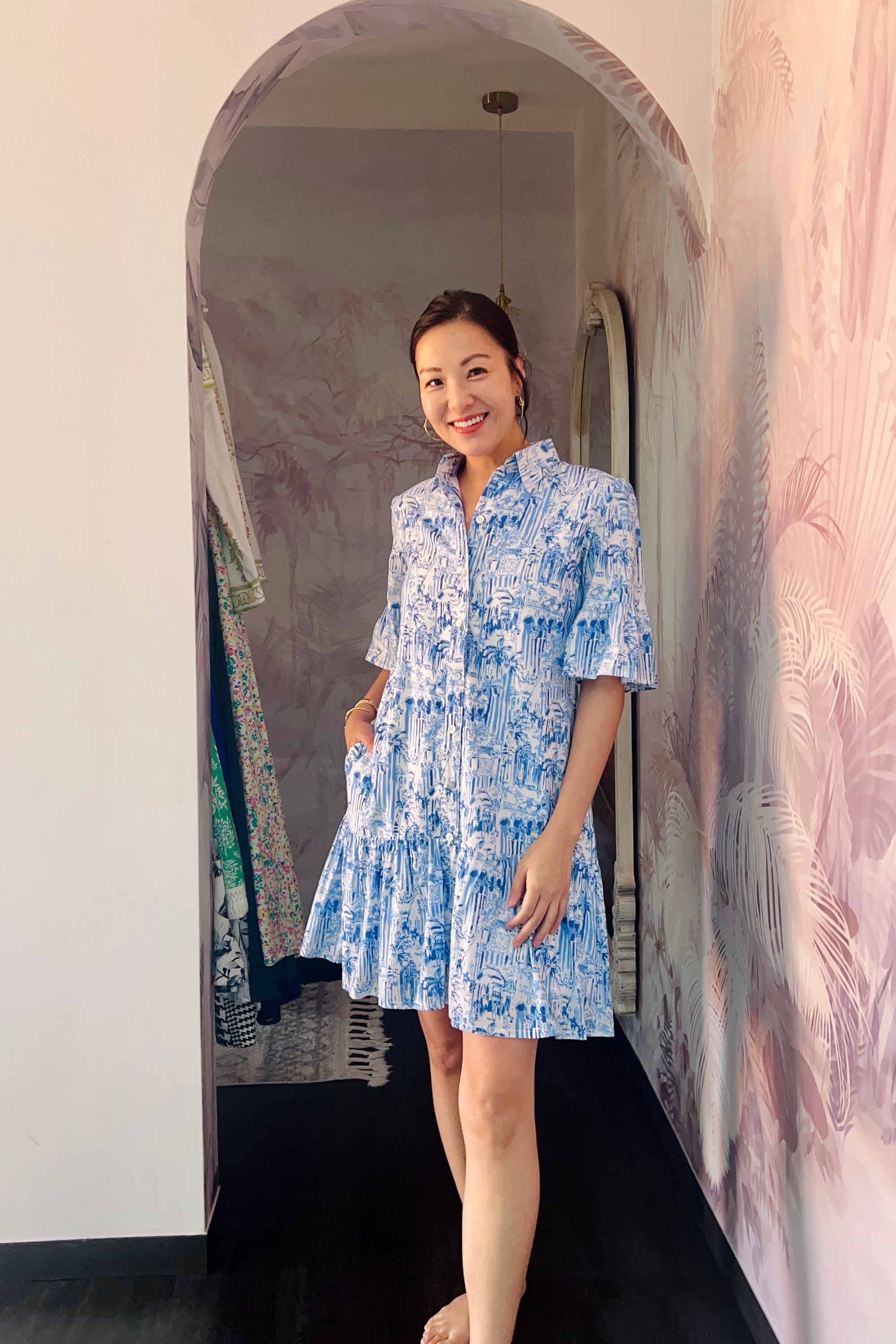 Colette Shirt Dress - Fuchsia Jungle / Watercolour Blues