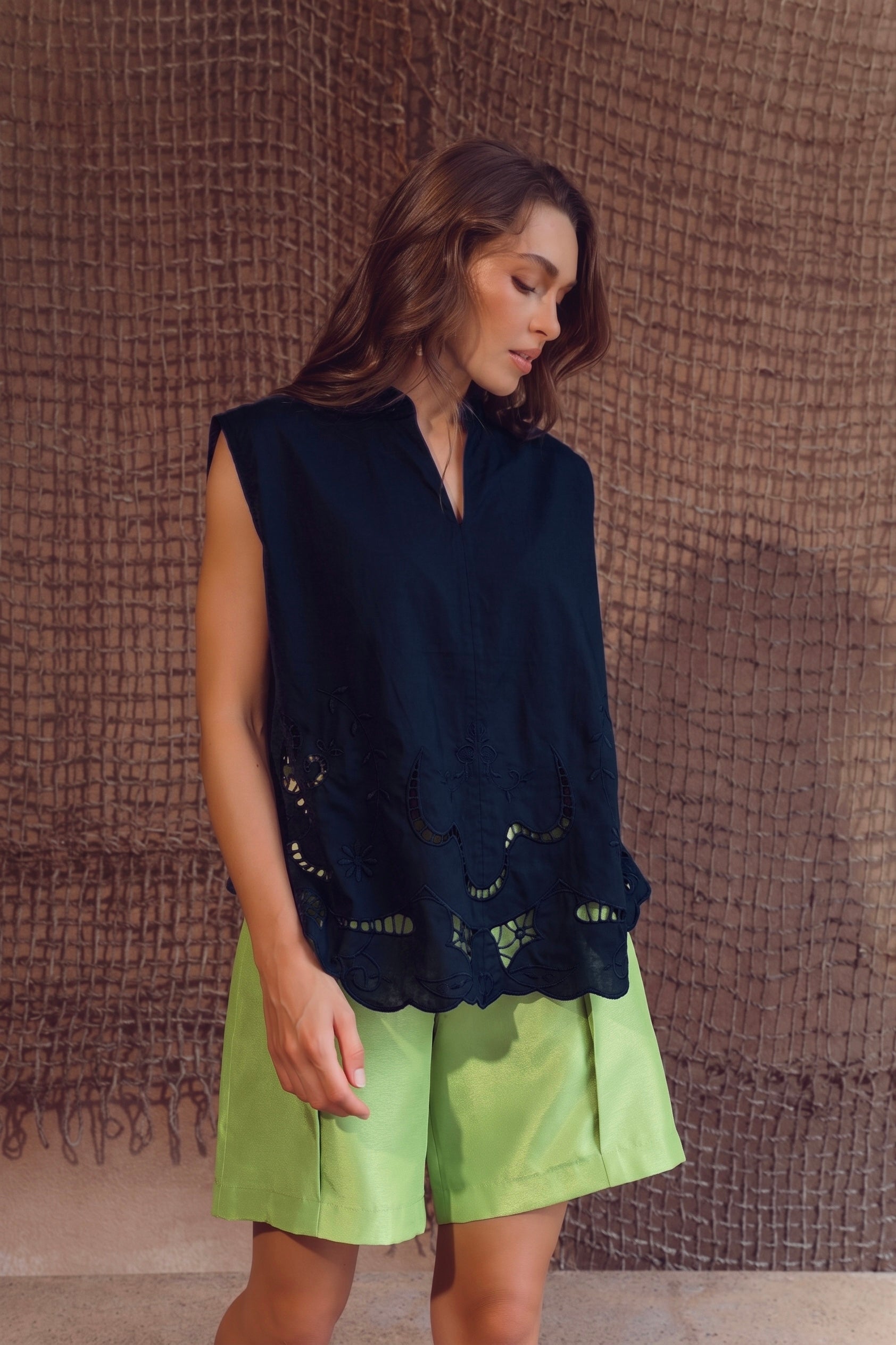 Sayang Embroidery Tie Top - White / Midnight Blue