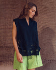Sayang Embroidery Tie Top - White / Midnight Blue
