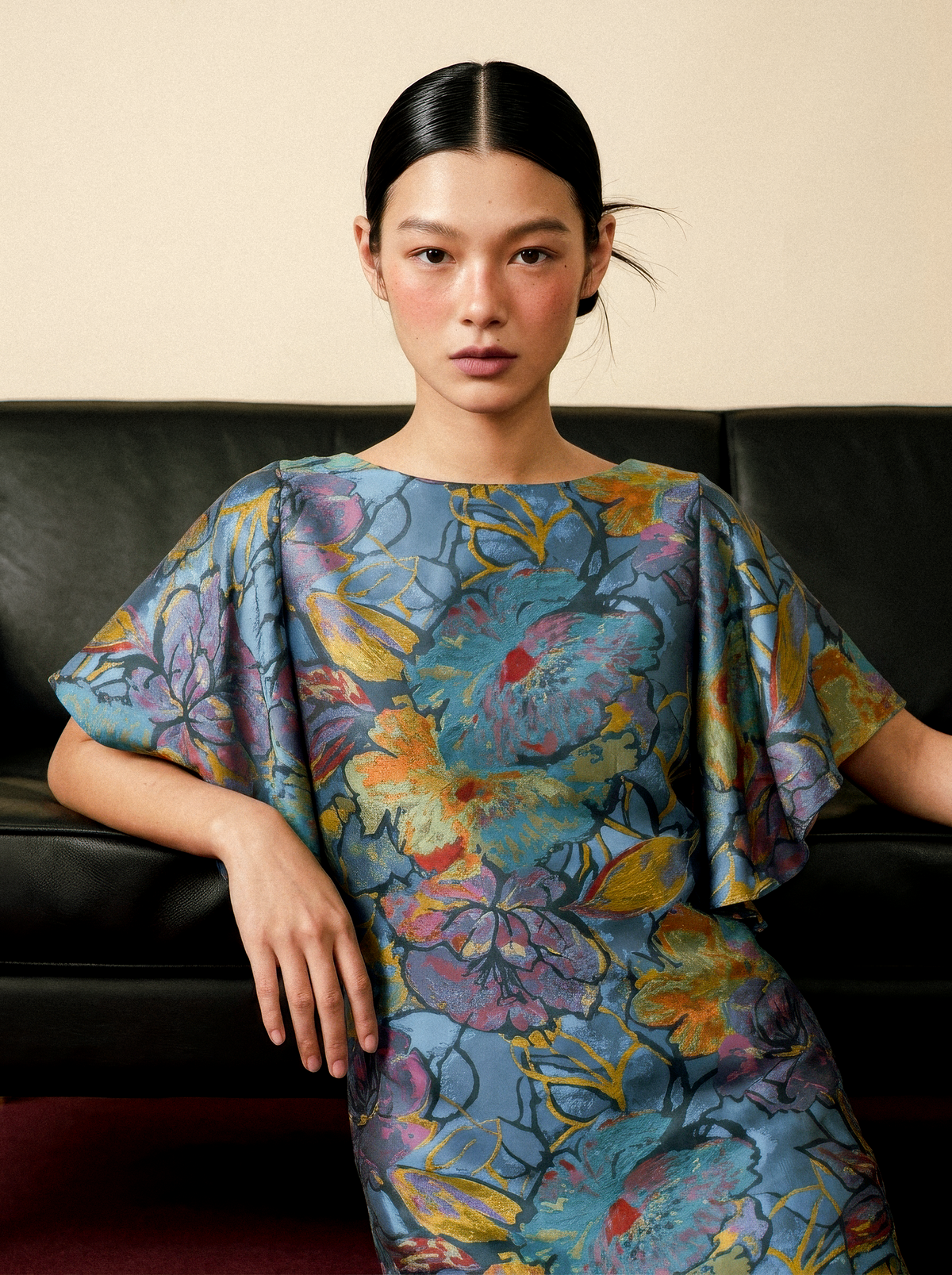 Carmela Flutter Sleeves Dress - Jacquard Blue / Black &amp; White