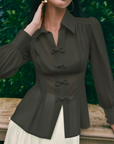 Grace Kelly Chiffon Shirt - White / Olive Green