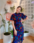 Jayne Retro Cheongsam - Black Floral/ Teal