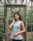 Tuileries Peplum Cheongsam Top - Navy Tulips / French Florals