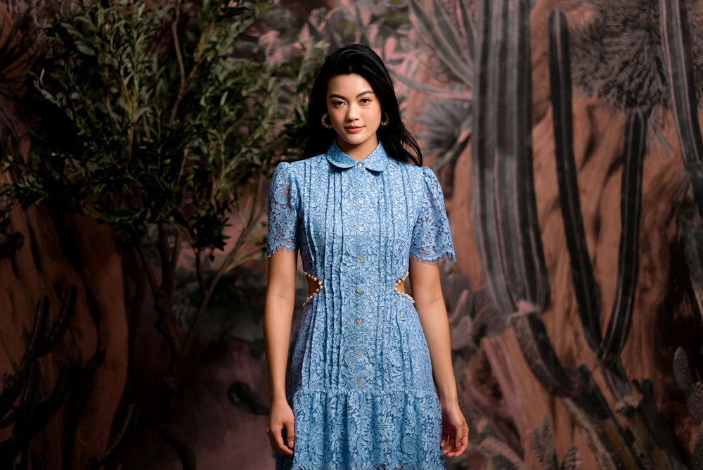 Ainslee Pleated Mini Shirt Dress - Cornflower Blue Lace