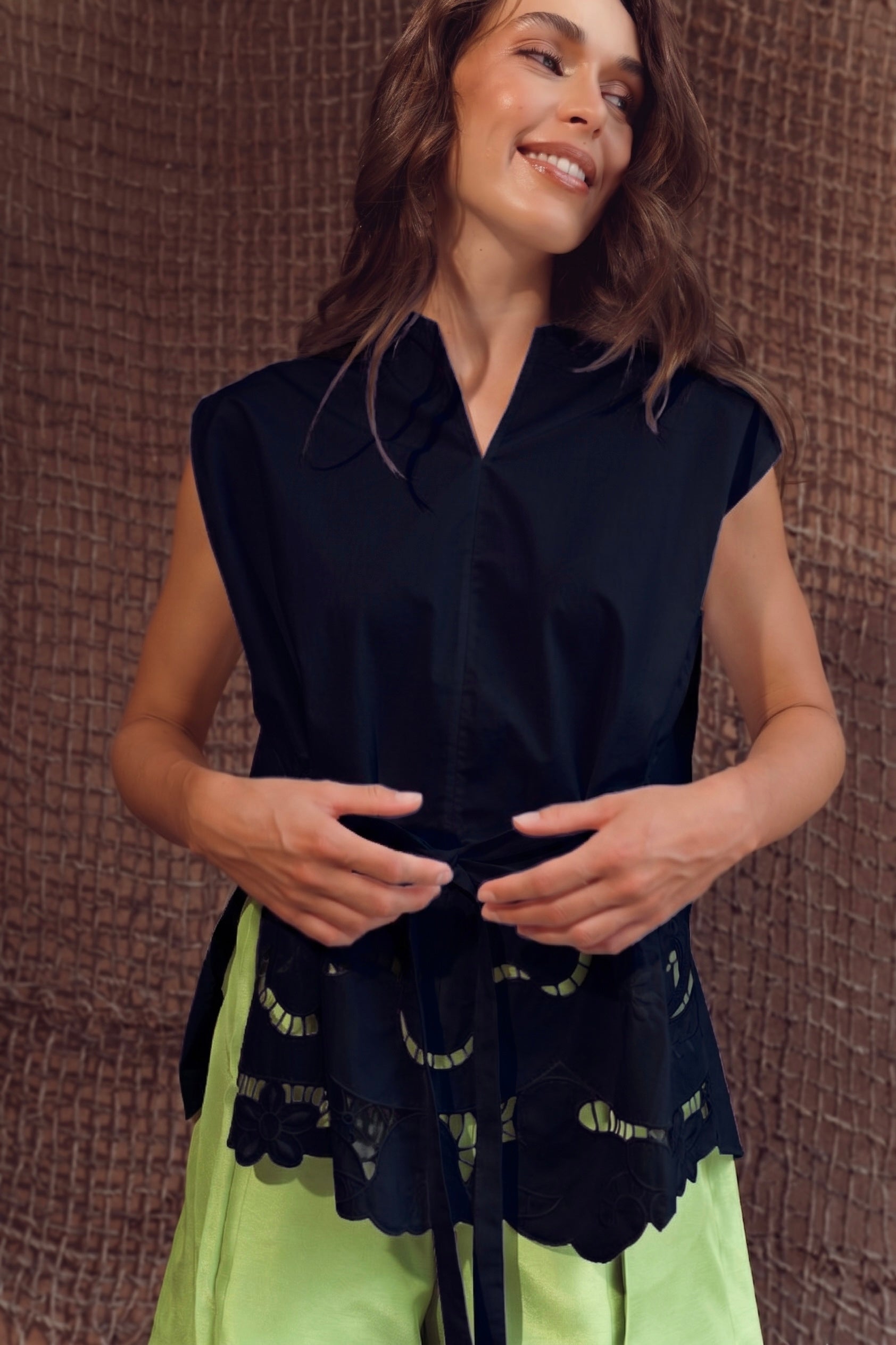 Sayang Embroidery Tie Top - White / Midnight Blue