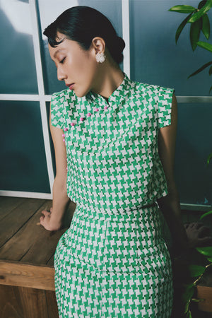 Riddle Houndstooth Skirt Set - Green/Black-White