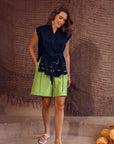 Sayang Embroidery Tie Top - White / Midnight Blue