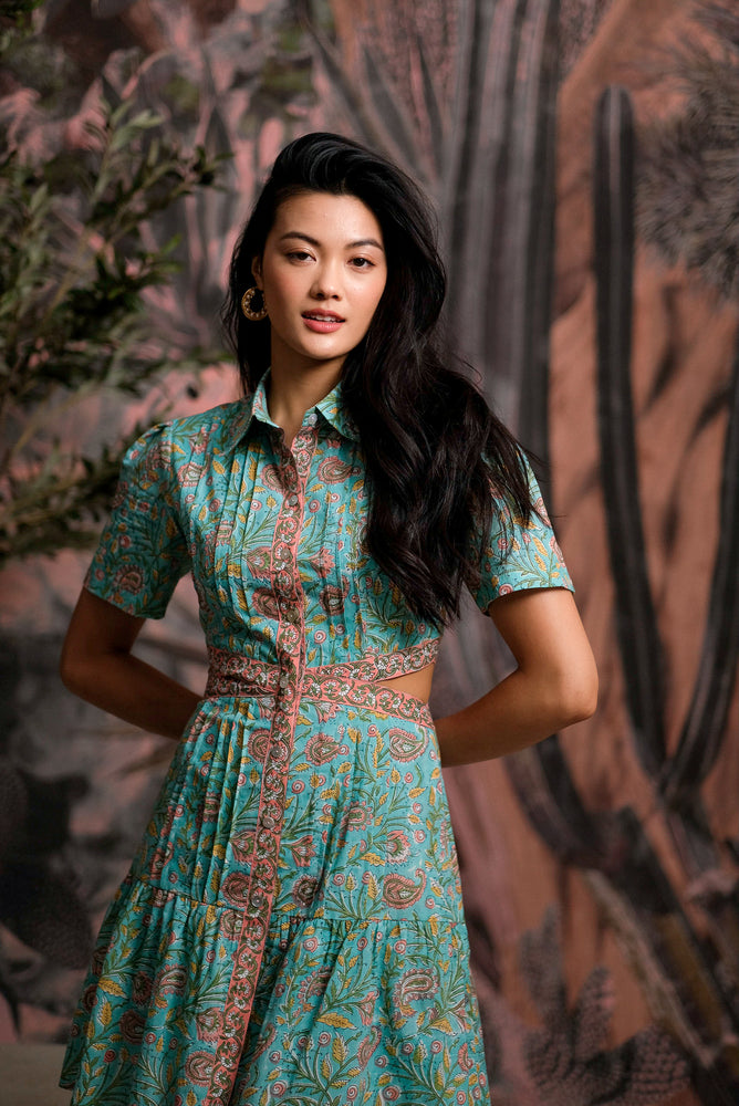 Reyna Mini Dress with Sleeves - Turquoise Paisley