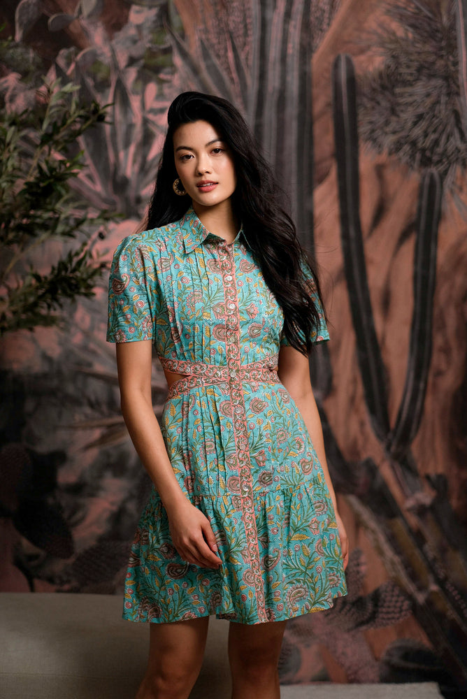 Reyna Mini Dress with Sleeves - Turquoise Paisley