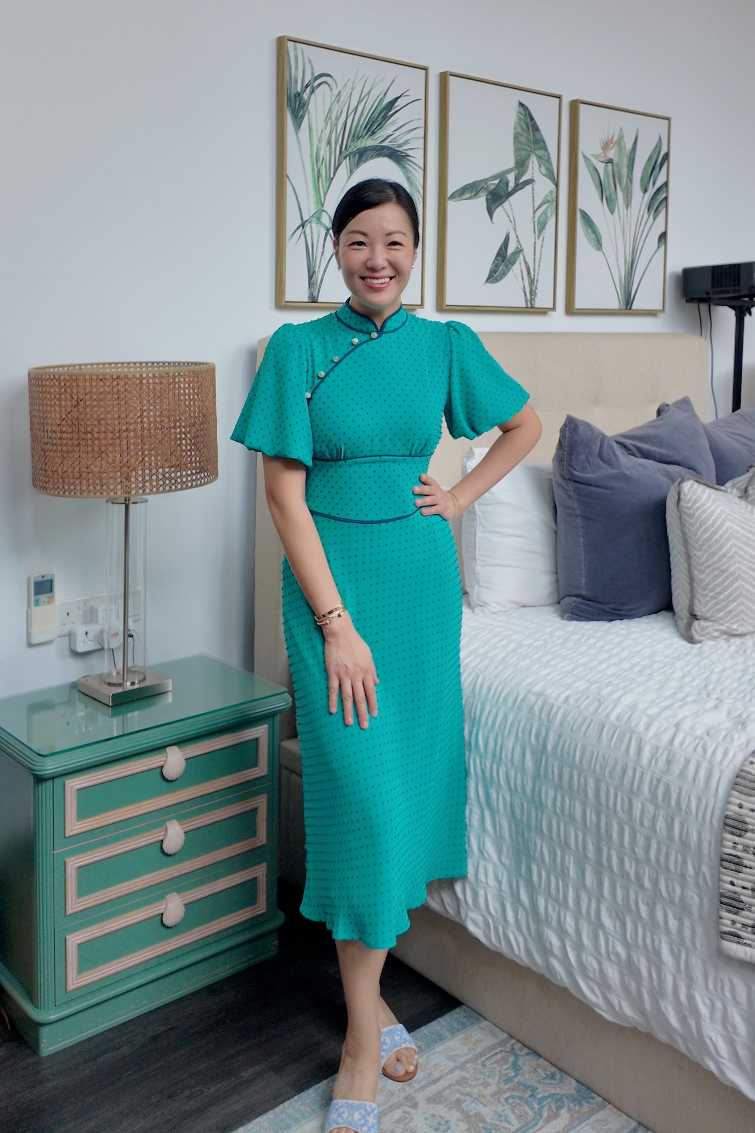 Jayne Retro Cheongsam - Teal / Moonlit Florals