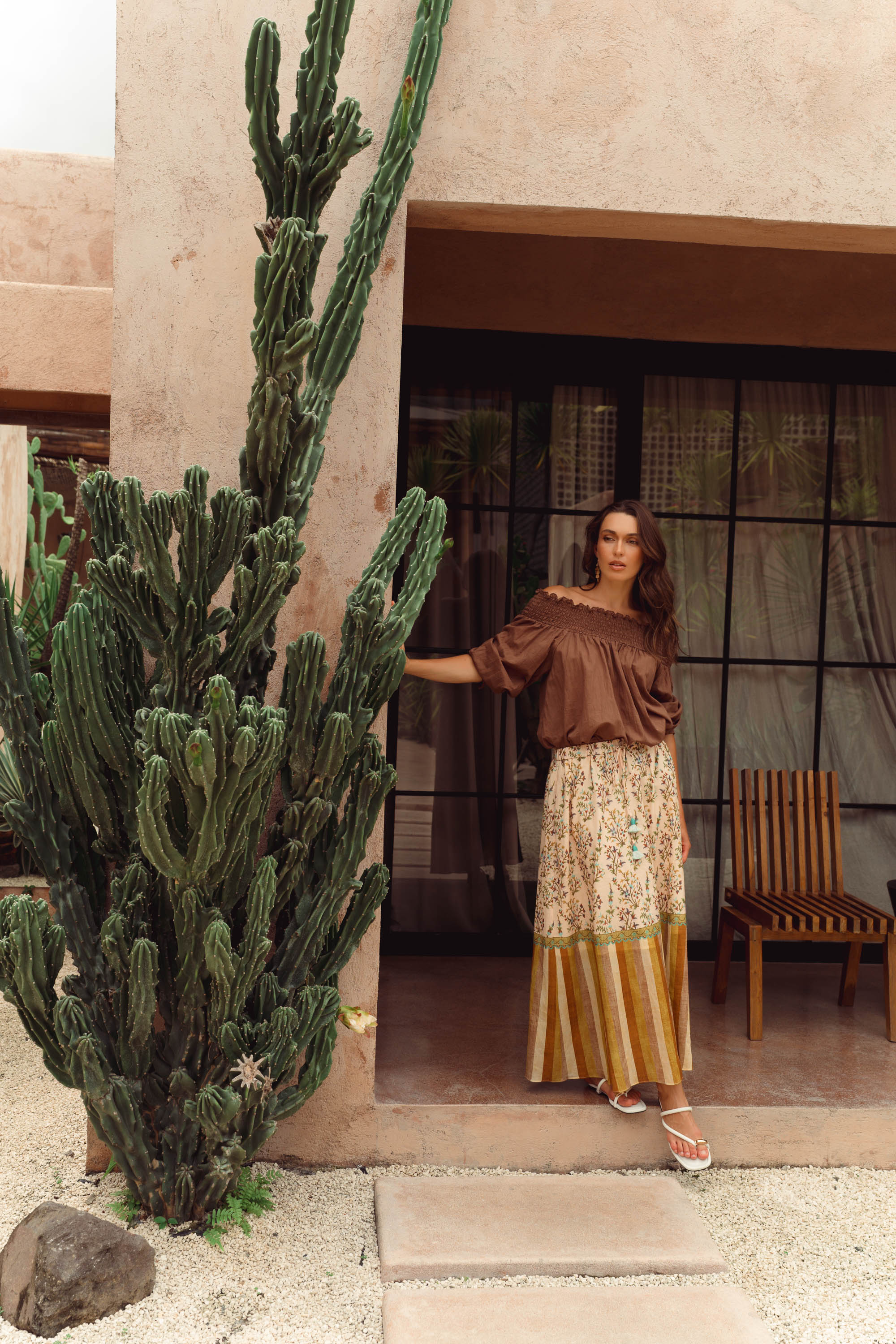 Sediah Smocked Top - Sky Blue / Brown